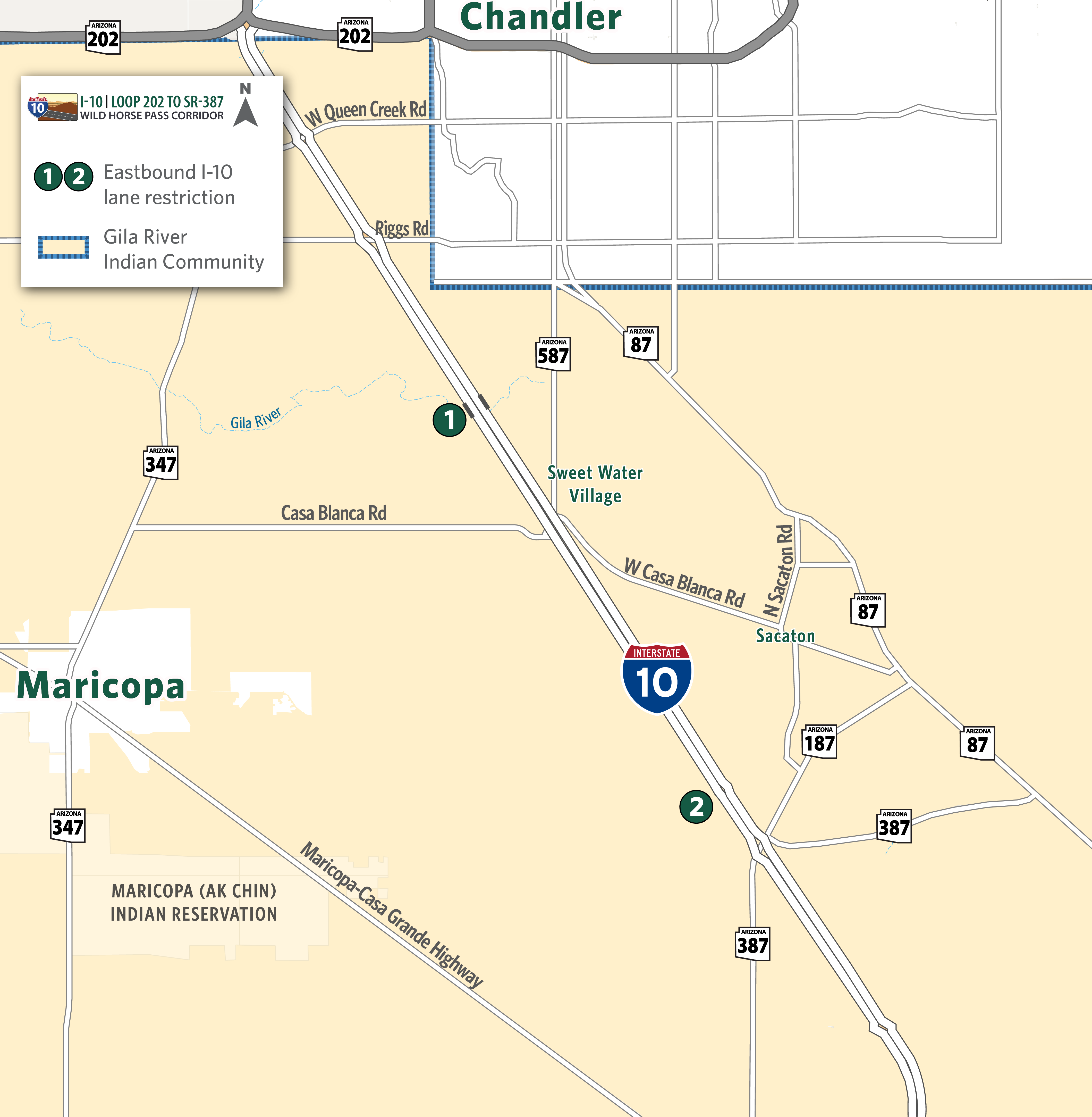 map identifying I-10 Wild Horse Pass Corridor lane restriction eastbound between Seed Farm Road and SR 387