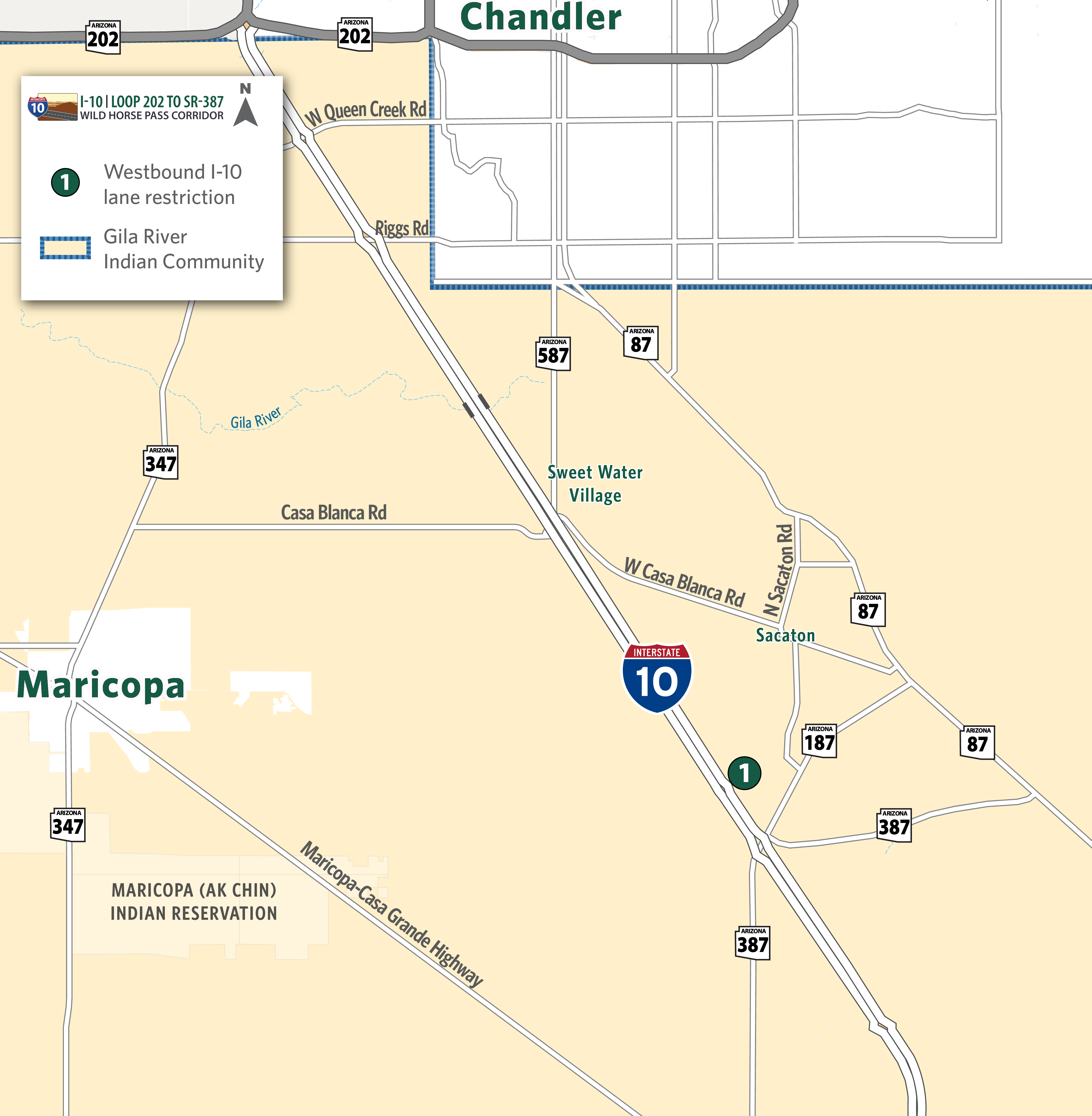 map identifying I-10 Wild Horse Pass Corridor lane restriction westbound between Gas Line Road Road and SR 387