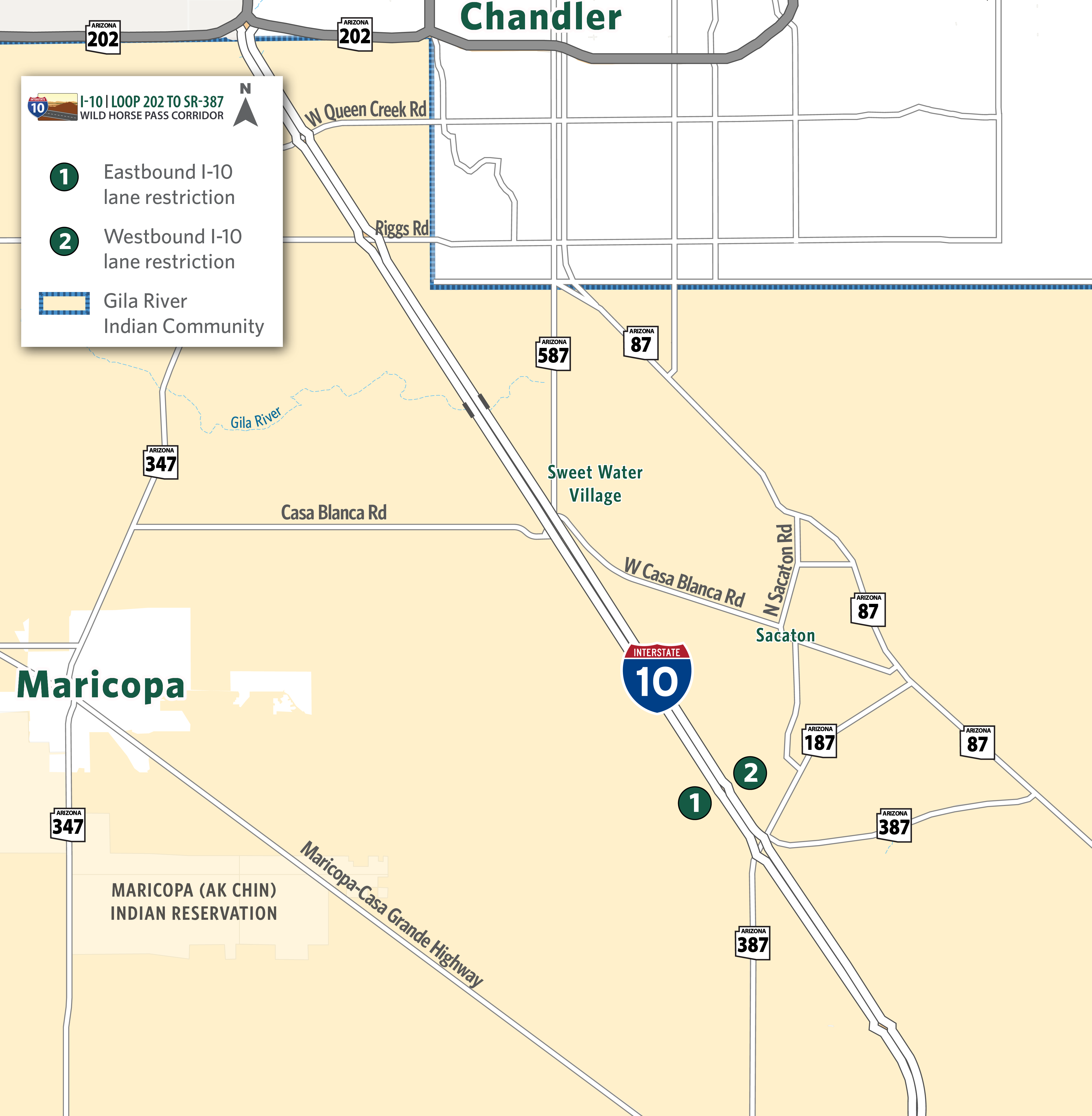 Map identifying I-10 eastbound and westbound lane restrictions between Gas Line Rd. and SR 387.