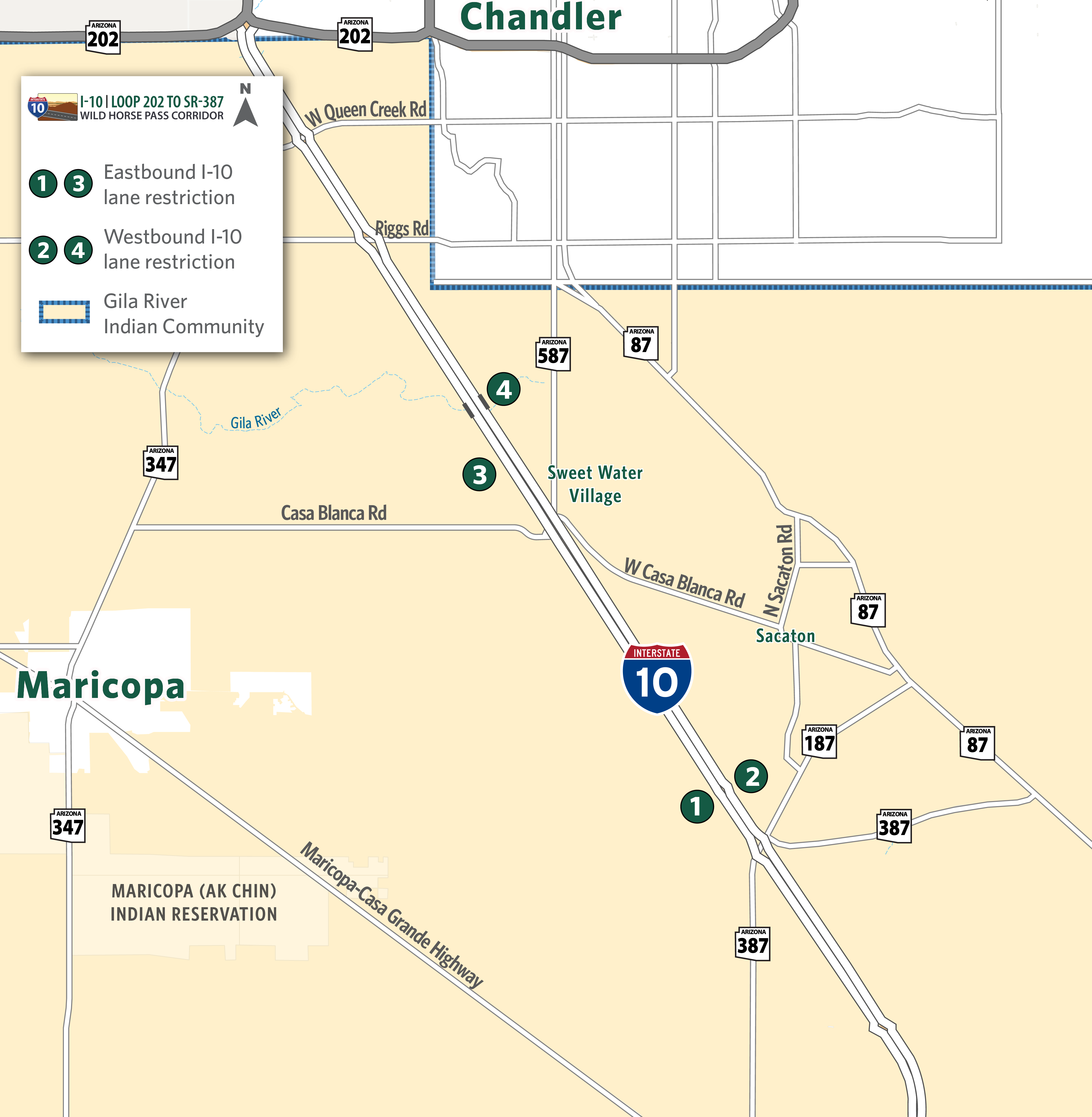Map identifying I-10 eastbound and westbound lane restrictions between Gila River Bridge and SR 387.