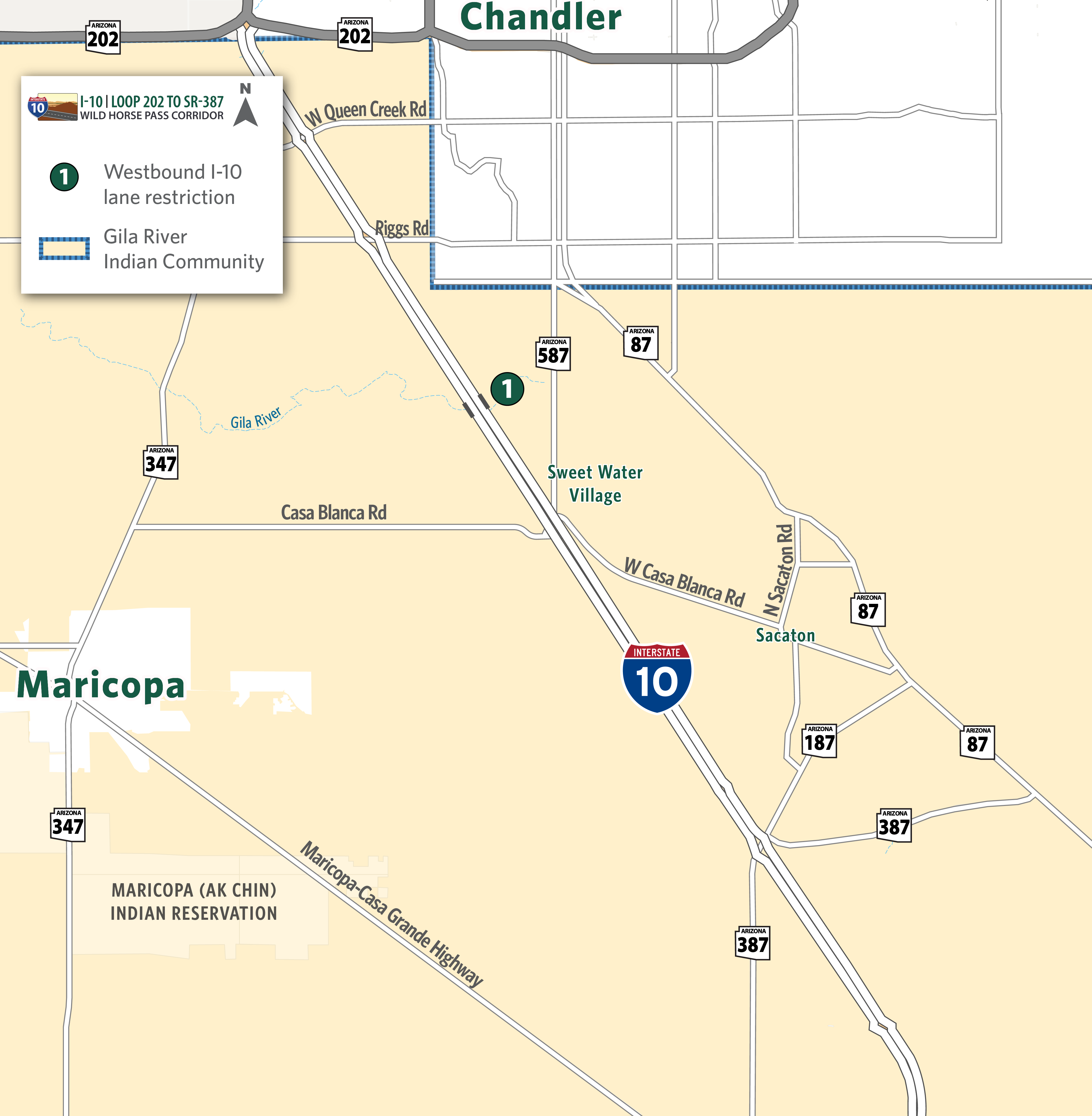 map of westbound I-10 detour in the Wild Horse Pass Corridor near the Gila River bridge