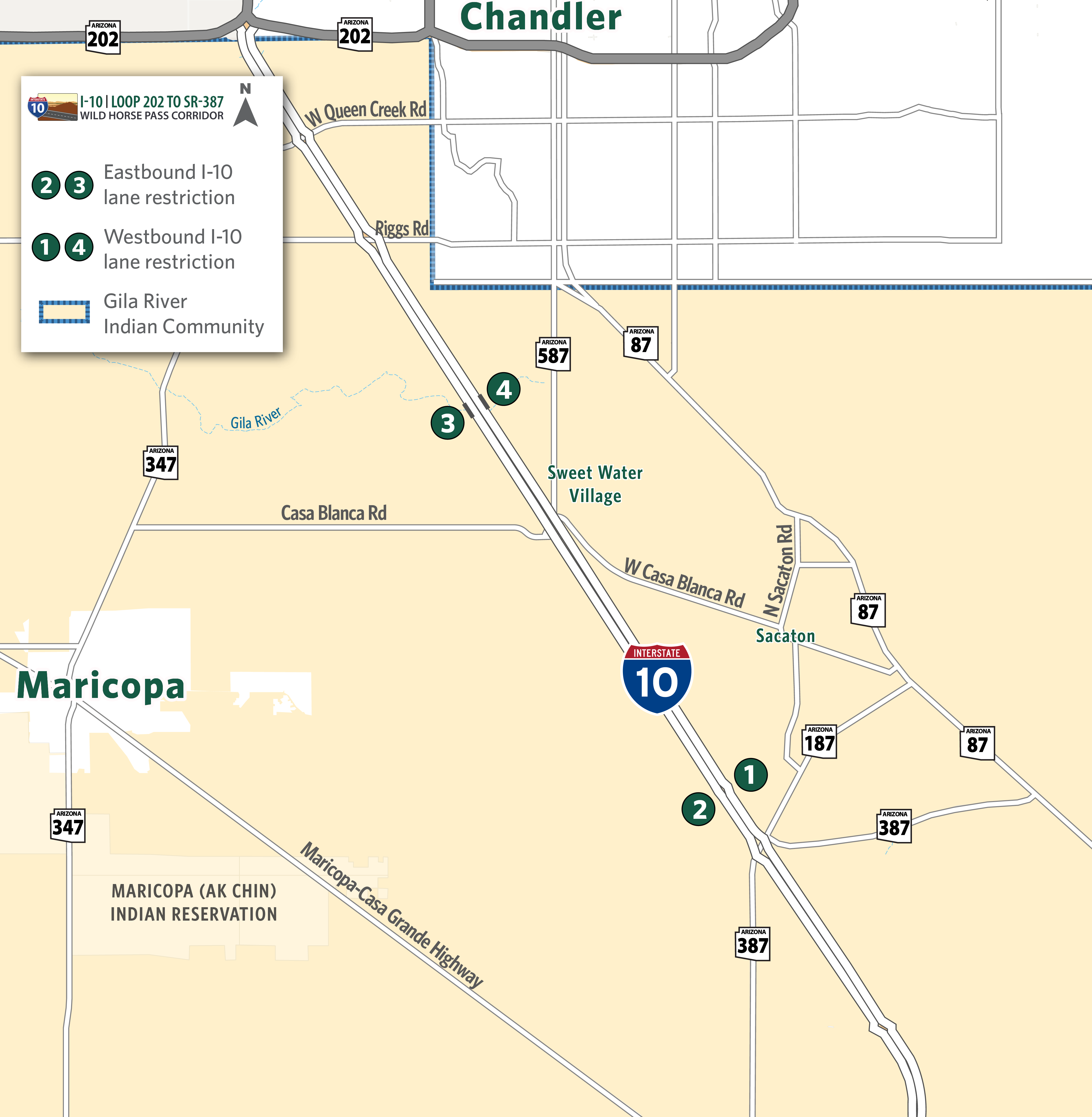 Map identifying I-10 eastbound and westbound lane restrictions from Nelson Road to Dirk Lay Road
