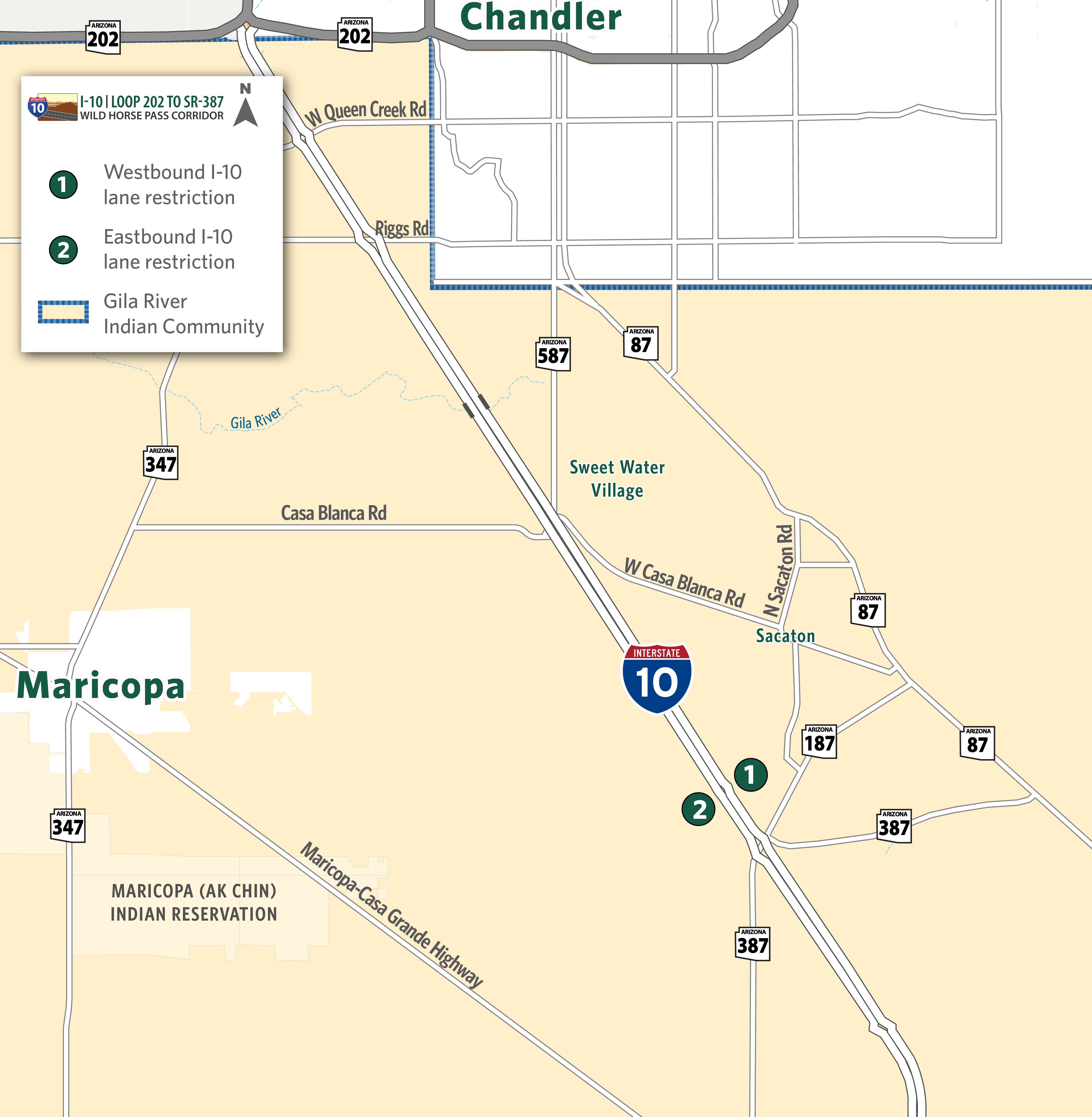 Map identifying I-10 eastbound and westbound lane restrictions between Gas Line Road and SR 387.