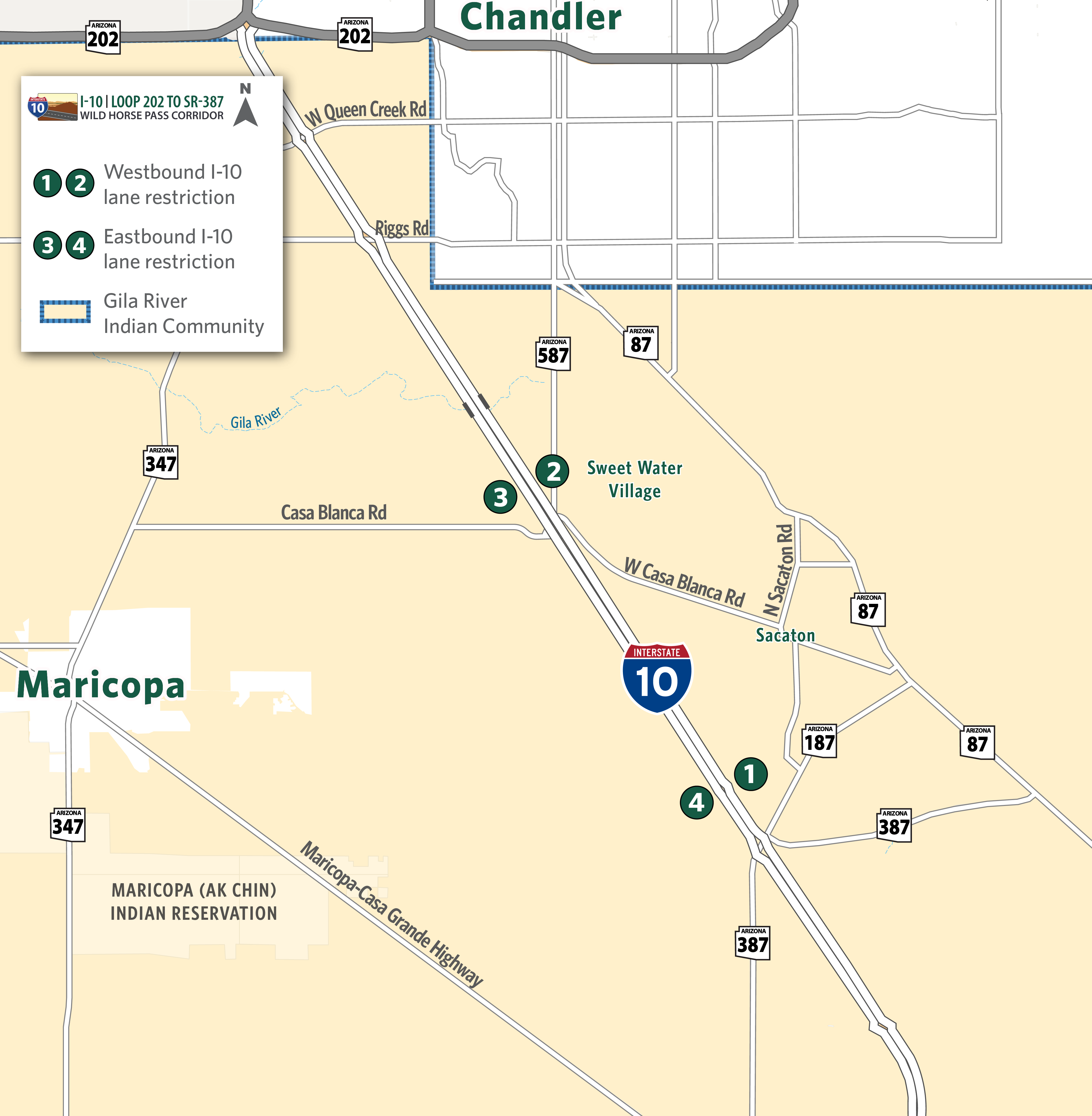 Map identifying I-10 eastbound and westbound lane restrictions between Nelson Road and SR 387.